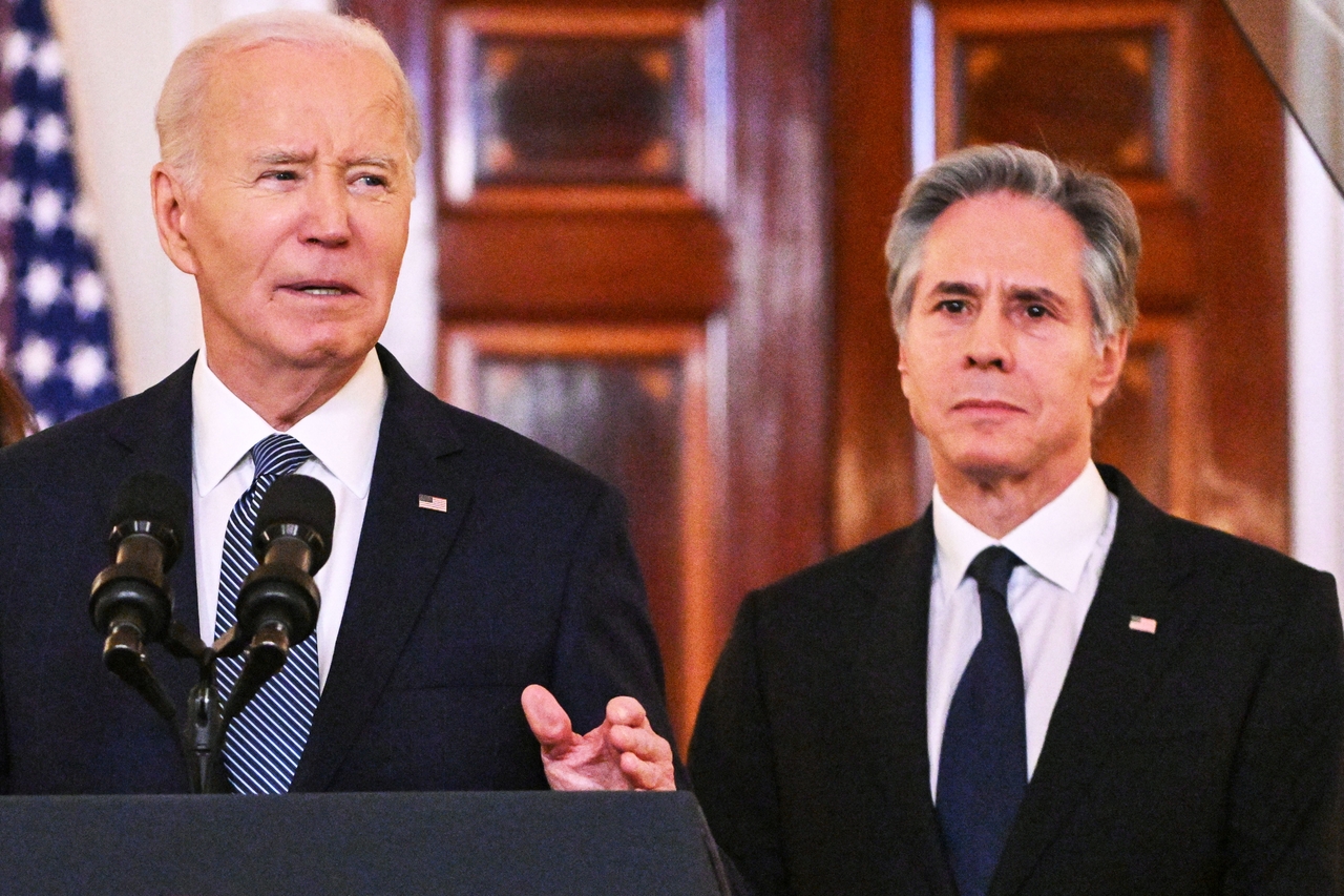 U.S. President Joe Biden, alongside Secretary of State Antony Blinken, speaks about the Israel-Hamas ceasefire and hostage release deal in the Cross Hall of the White House on Jan. 15, 2025.