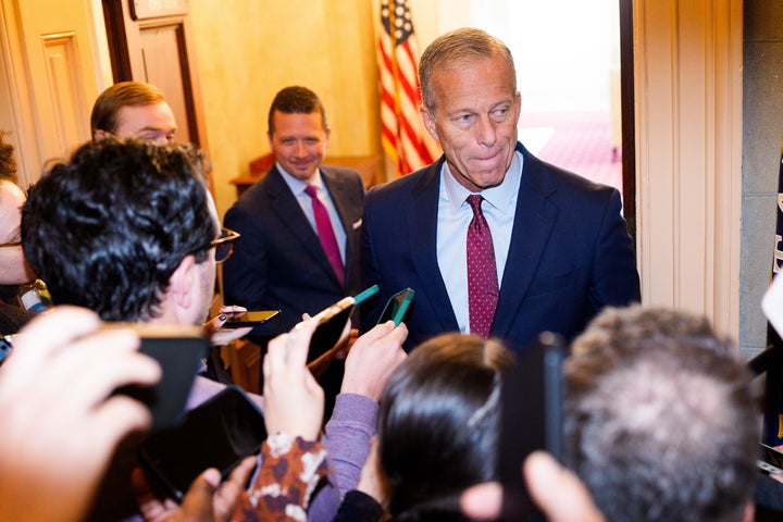 WASHINGTON, DC - NOVEMBER 8: Senate Majority Leader John Thune (R-SD) speaks to members of the press as he heads to his office in the Capitol Building on November 8, 2025 in Washington, DC. Today marks Day 39th day of the government shutdown, the longest in U.S. history. (Photo by Aaron Schwartz/Getty Images)
