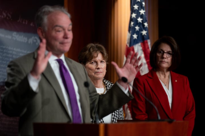 From left: Sens. Tim Kaine (D-Va.), Jeanne Shaheen (D-N.H.) and Catherine Cortez Masto (D-Nev.) at a news conference Sunday at the Capitol.