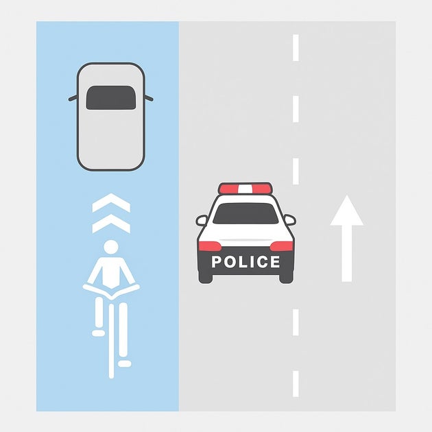 （図1）青色の「普通自転車専用通行帯」に乗用車が、その右隣の車線にパトカーがそれぞれ停車していたという