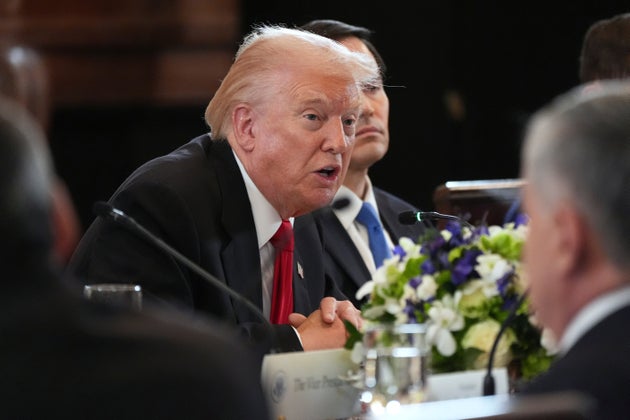 President Donald Trump attends a dinner with leaders from countries in Central Asia, Thursday, Nov. 6, 2025, in the East Room of the White House in Washington. (AP Photo/Jacquelyn Martin)