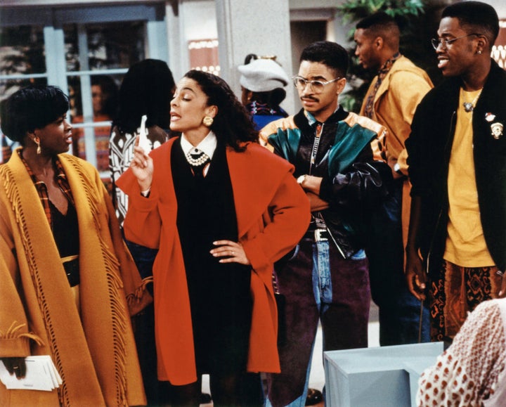 (Left to right) Charnele Brown as Kimberly Reese, Jasmine Guy as Whitley Gilbert, Darryl Bell as Ron Johnson and Kadeem Hardison as Dwayne Wayne in a scene from "A Different World."