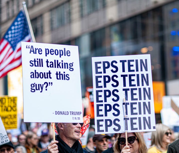 Demonstrators participating in "No Kings" Protest March, Times Square, Manhattan, New York City, New York, USA, Oct. 18, 2025.