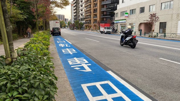 不忍通りに設置された普通自転車専用通行帯。その上にトラックとタクシーが停まっていた（11月7日、東京都台東区で）※画像の一部を編集しています