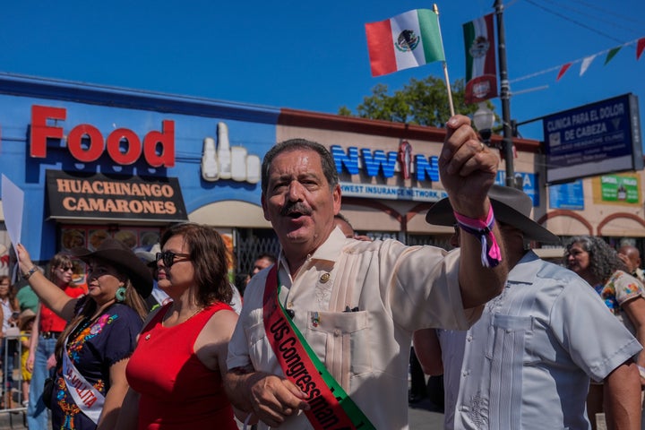Rep. Jesús "Chuy" García marches in the Mexican Independence Day Parade in Chicago's Little Village neighborhood on Sept. 14, 2025.