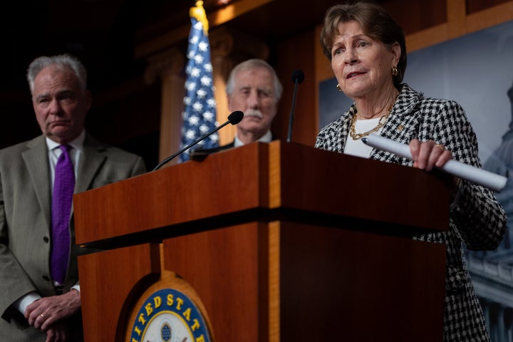 Senator Jeanne Shaheen (D-N.H.) speaks at a press conference with other Senate Democrats who voted to restore government funding, in Washington, D.C. on Nov. 9, 2025.