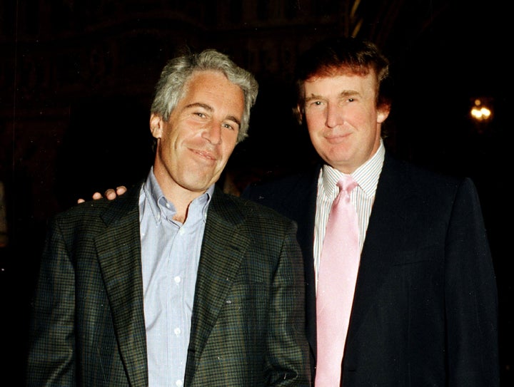 Jeffrey Epstein and real estate developer Donald Trump as they pose together at the Mar-a-Lago estate, Palm Beach, Florida, on Feb. 22, 1997.