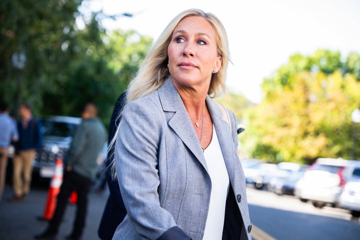 Rep. Marjorie Taylor Greene, R-Ga., talks with reporters after a meeting of the House Republican Conference at the Capitol Hill Club on Tuesday, September 9, 2025. (Tom Williams/CQ-Roll Call, Inc via Getty Images)
