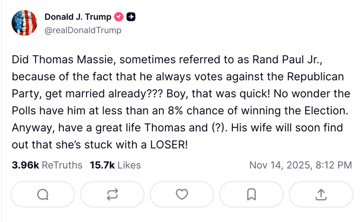 Donald Trump slammed Thomas Massie for remarrying after his first wife died.