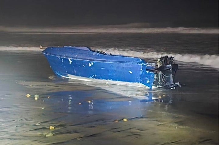 This photo provided by the Defense Visual Information Distribution Service shows a capsized boat on Friday, Nov. 14, 2025, off the coast of Imperial Beach, Calif. (Petty Officer 3rd Class Roberto Nieves/Defense Visual Information Distribution Service via AP)