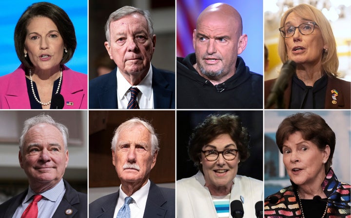 The eight Senate Democrats who are facing intraparty criticism for voting with Republicans on a bill to end the government shutdown, from left to right: Catherine Cortez Masto (N.M), Dick Durbin (Ill.), John Fetterman (Penn.), Maggie Hassan (N.H.), Tim Kaine (Va.), Angus King (I-Maine), Jacky Rosen (Nev.) and Jeanne Shaheen (N.H.).