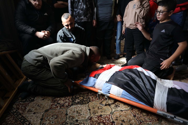 Palestinians mourn during the funeral ceremony of 19-year-old Hasan Ahmad Jamil Musa, who was killed during an Israeli raid on the Old Askar refugee camp near Nablus, West Bank on Nov. 16, 2025.