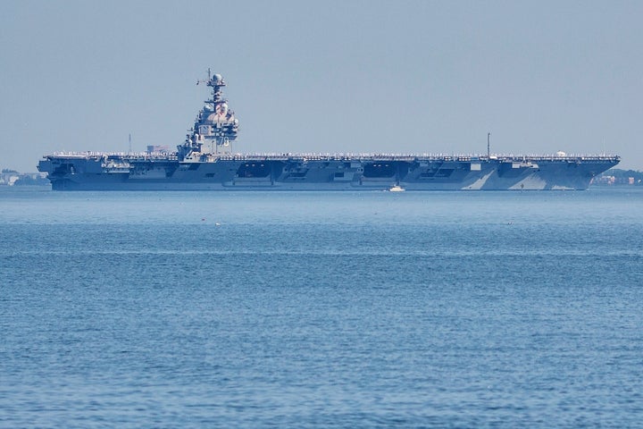 The USS Gerald R. Ford aircraft carrier leaves Naval Station Norfolk, on June 23, 2025, in Norfolk, Va.
