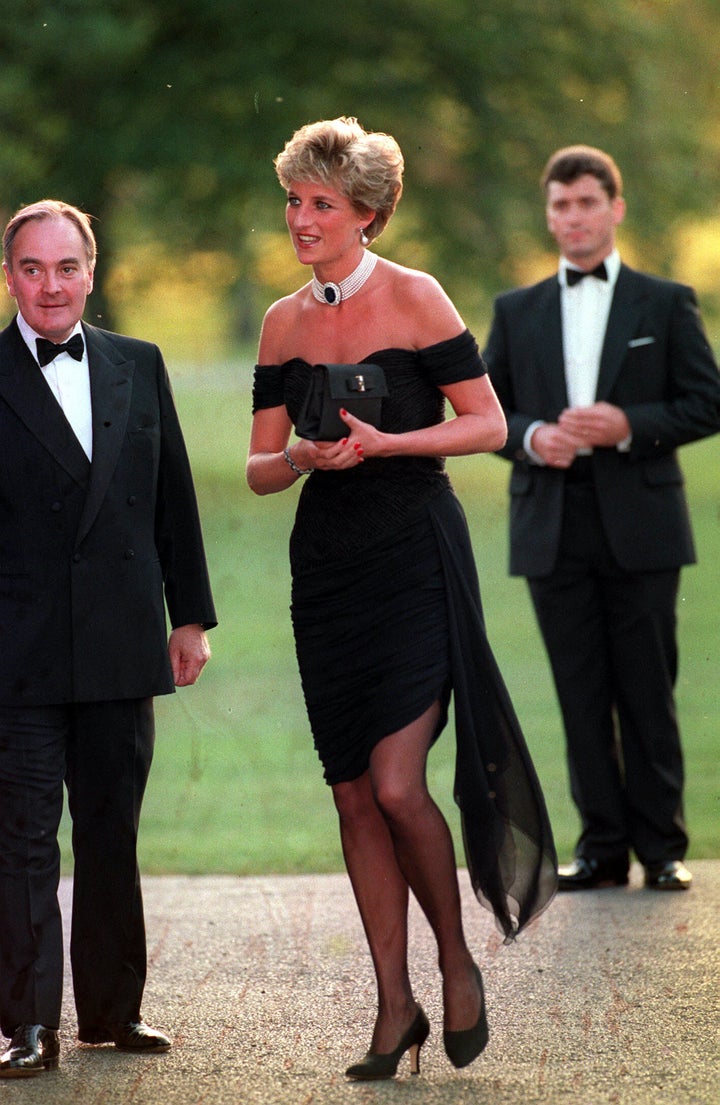 The Princess of Wales arrives at the Serpentine Gallery in London's Hyde Park to attend a gala dinner as its patron on June 29, 1994.