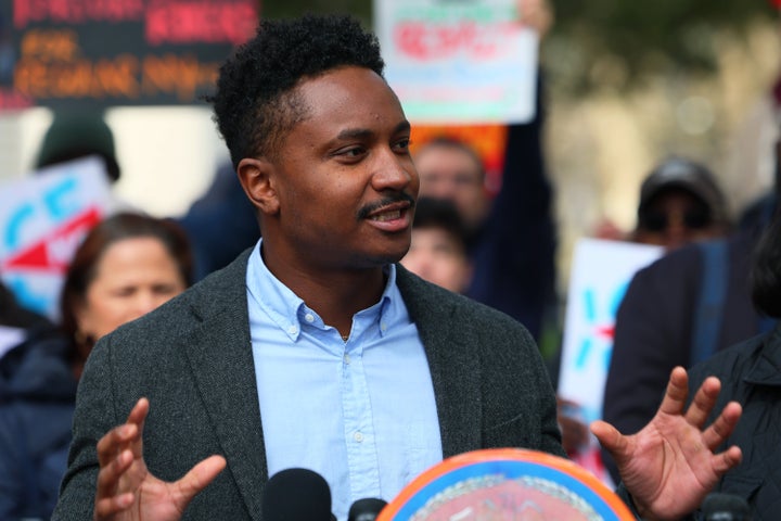 Chi Ossé speaks outside City Hall on April 10, 2025, in New York City, as people protest Mayor Eric Adams' decision to allow ICE to open an office on Rikers Island. 