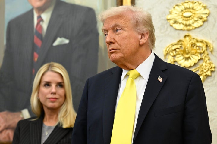 President Donald Trump and Attorney General Pam Bondi listen as FBI Director Kash Patel speaks during an event in the Oval Office at the White House last month in Washington, D.C.