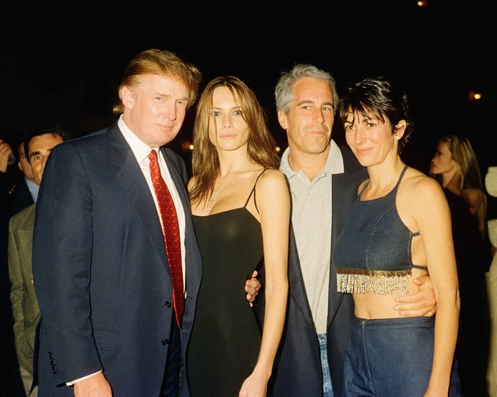 The Trumps, Epstein and British socialite Ghislaine Maxwell pose together at the Mar-a-Lago club on Feb. 12, 2000.
