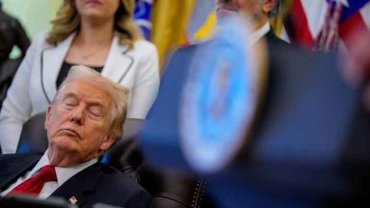 President Donald Trump appears to sleep during a meeting about lowering drug prices in the Oval Office at the White House on Nov. 6, 2025.