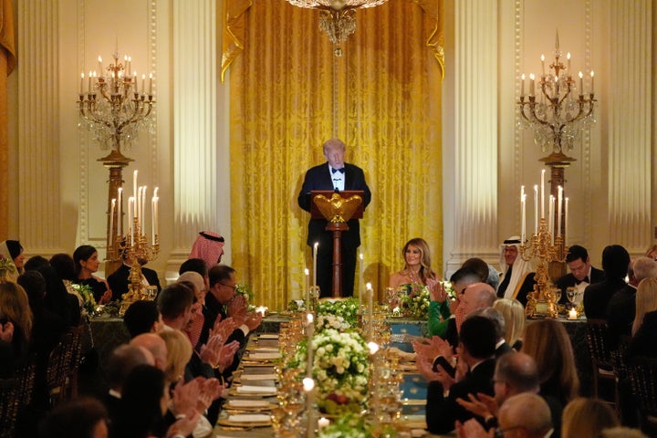 President Donald Trump speaks during a dinner with Saudi Arabia's Crown Prince Mohammed bin Salman in the East Room of the White House, Tuesday, Nov. 18, 2025, in Washington. (AP Photo/Alex Brandon)