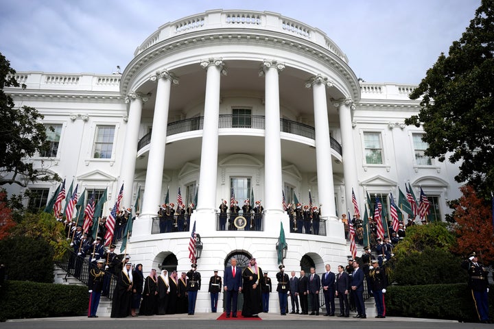 President Donald Trump welcomes Saudi Arabia's Crown Prince Mohammed bin Salman to the White House, Tuesday, Nov. 18, 2025, in Washington. (AP Photo/Mark Schiefelbein)