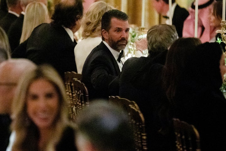 Donald Trump Jr., executive vice president of development and acquisitions for Trump Organization Inc., during a dinner with US President Donald Trump and Mohammed bin Salman, Saudi Arabia's crown prince, not pictured, in the East Room of the White House in Washington, DC, US, on Tuesday, Nov. 18, 2025. Photographer: Anna Rose Layden/Politico/Bloomberg via Getty Images
