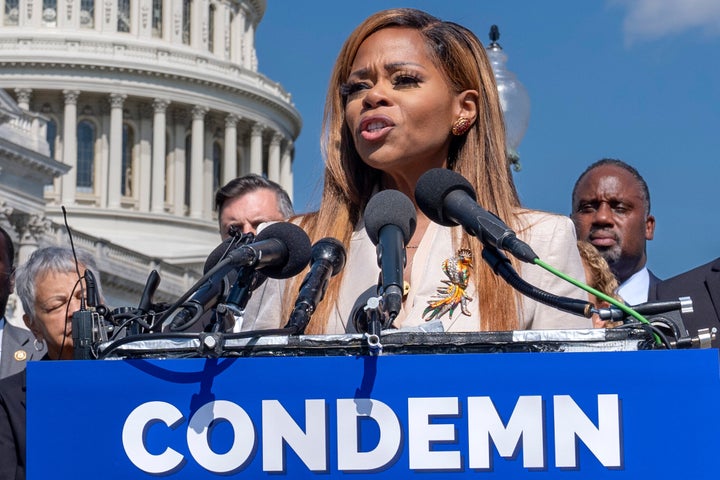 FILE - Rep. Sheila Cherfilus-McCormick, D-Fla., condemns hate speech and misinformation about Haitian immigrants during a news conference at the Capitol in Washington, Sept. 20, 2024. (AP Photo/J. Scott Applewhite, File)