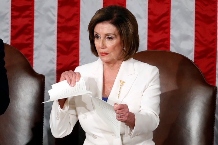 Former House Speaker Nancy Pelosi tore up her copy of President Trump's State of the Union address after he delivered it to a joint session of Congress on February 4, 2020. 