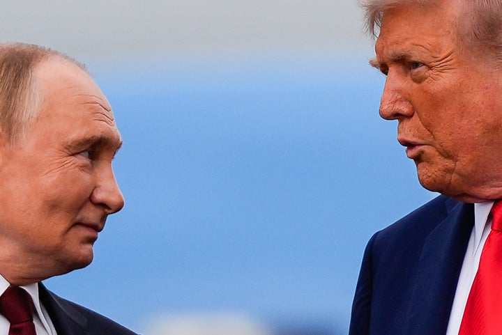 President Donald Trump and Russia's President Vladimir Putin talk, Friday, Aug. 15, 2025, at Joint Base Elmendorf-Richardson, Alaska.