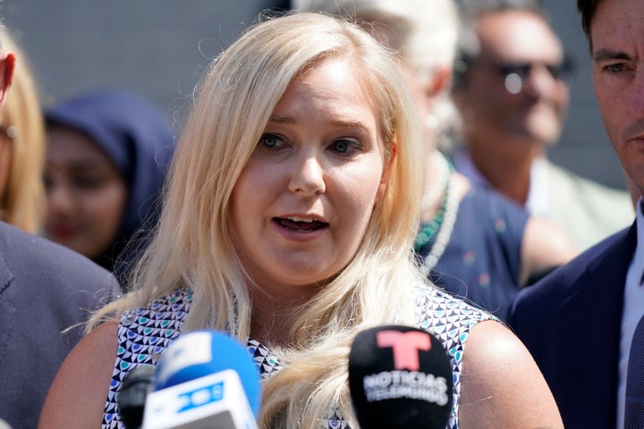 Jeffrey Epstein accuser Virginia Roberts Giuffre speaks at a press conference following a hearing in Manhattan Federal Court on Aug. 27, 2019.