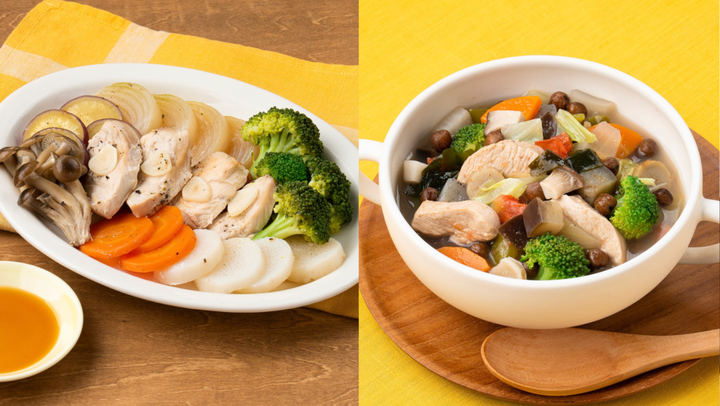 「歩く力を支えるワンパン高たんぱく蒸し鶏」(左)と「一椀で栄養満点！具材たっぷり野菜スープ」（右）