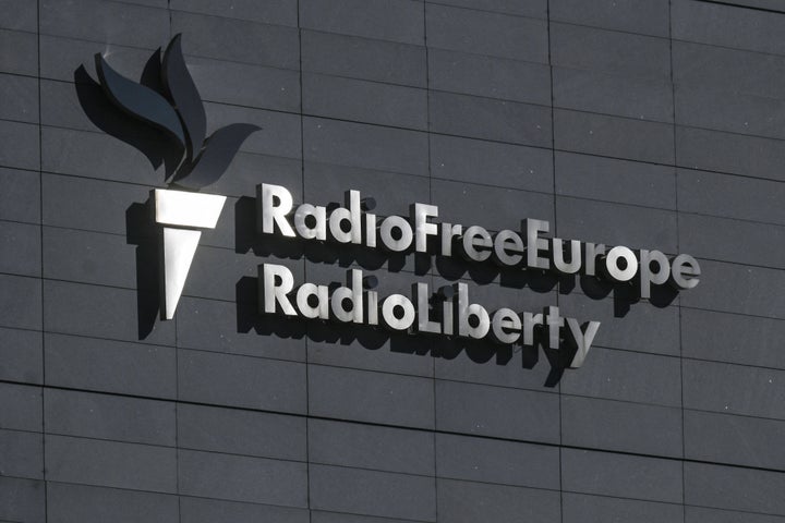 This photo taken on March 18, 2025 shows the logo on the facade of the headquarters of Radio Free Europe/Radio Liberty (RFERL) in Prague, Czech Republic. (Photo by Michal Cizek / AFP via Getty Images)