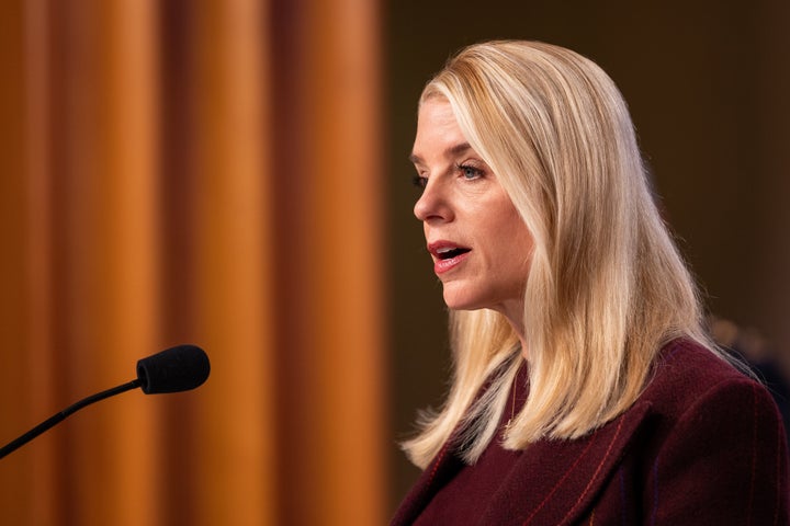 U.S. Attorney General Pam Bondi speaks at a news conference at the Department of Justice on Nov. 19, 2025.