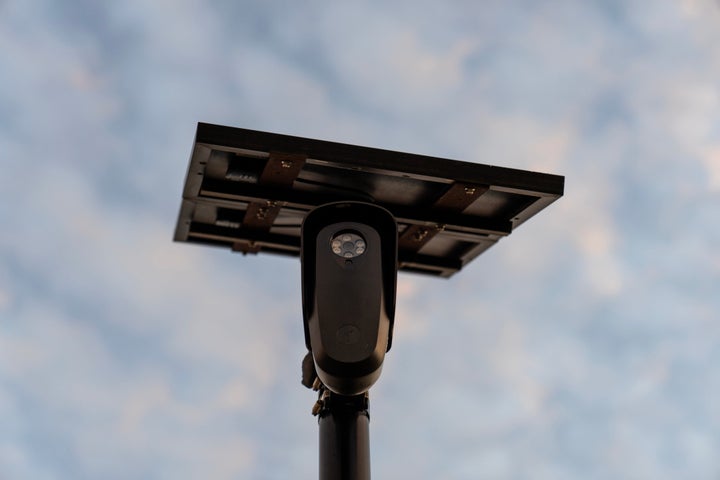 A Flock Safety license plate reader is seen along a public road, Thursday, Oct. 16, 2025, in Houston. (AP Photo/David Goldman)