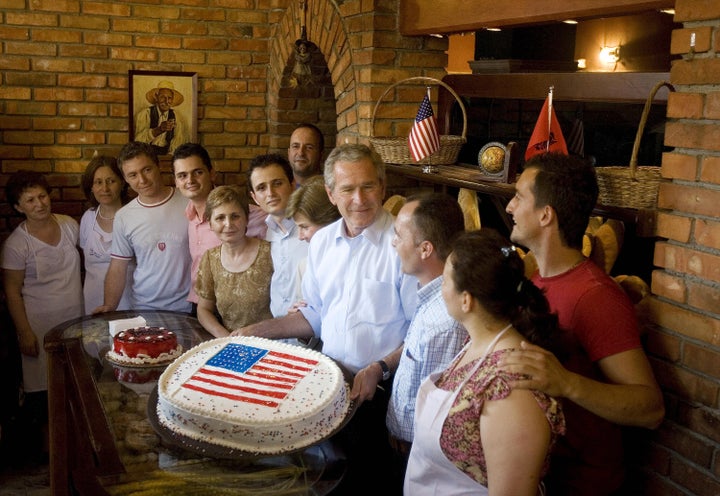 Bush visited a local bakery in Fushë-Krujë. The business later changed its name to George W. Bush Bakery.