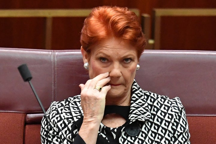 One Nation Senator Pauline Hanson during Senate Business in the Senate at Parliament House on June 17, 2020, in Canberra, Australia.