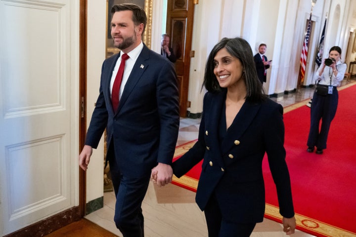 Vice President JD Vance and second lady Usha Vance hold hands at the White House earlier this month.
