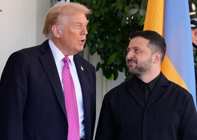 President Donald Trump, left, greets Ukraine's President Volodymyr Zelenskyy at the White House, Friday, Oct. 17, 2025, in Washington. 