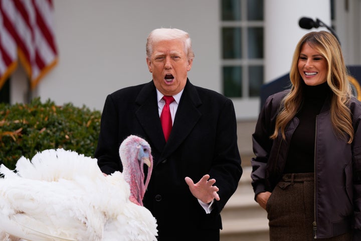 Trump pardons turkeys, nursing home scammer, and brutally attacks Illinois governor. 1 President Donald Trump and first lady Melania Trump stand next to the national Thanksgiving turkey Gobble during a pardoning ceremony Tuesday in the White House Rose Garden.