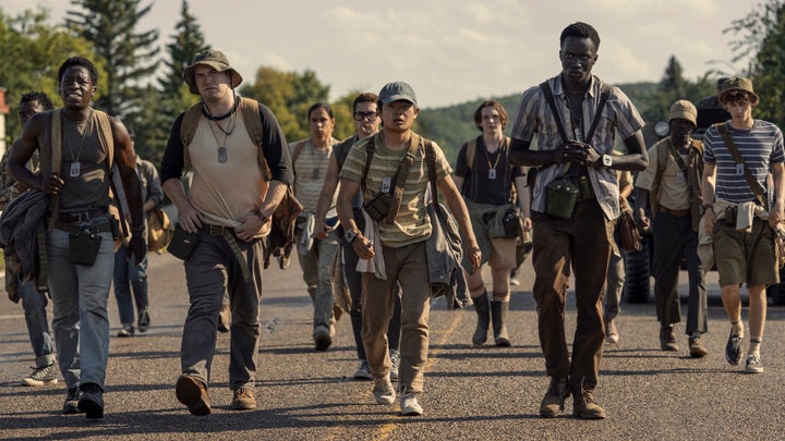 David Jonsson, Cooper Hoffman, Ben Wang and Tut Nyuot in "The Long Walk."