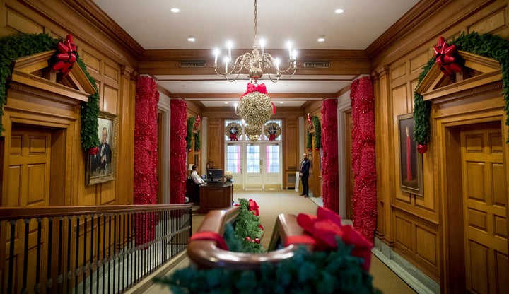 The East Wing hallway during a preview of the 2016 holiday decor for the Obamas' last Christmas at the White House on Nov. 29, 2016, in Washington. 