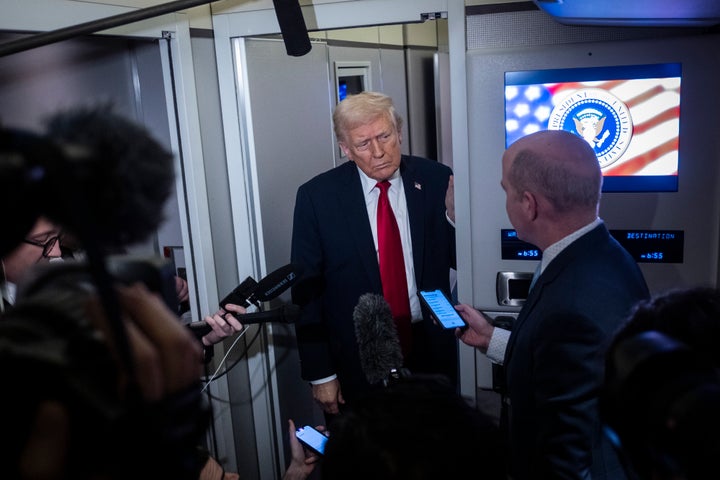 IN FLIGHT - NOVEMBER 25: President Donald Trump speaks to the media aboard Air Force One on November 25, 2025 in flight en route to Florida. The Trumps are traveling to Mar-a-Lago in Palm Beach, Florida for the Thanksgiving holiday. (Photo by Pete Marovich/Getty Images)