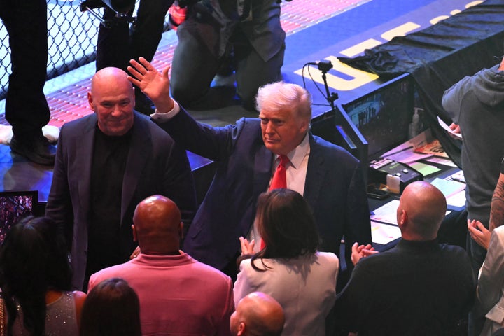 FILE — President Donald Trump (center) and UFC President and CEO Dana White (left) attend UFC 316 at the Prudential Center in Newark, New Jersey on June 7, 2025.