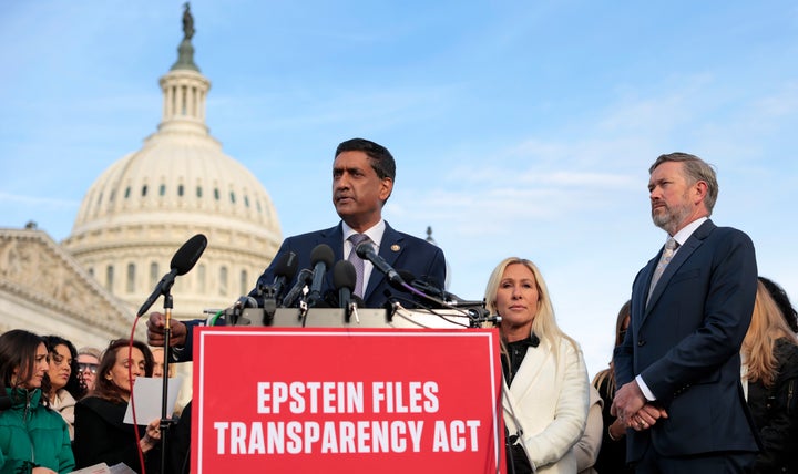 Trump Loyalist's Surprising Flip As... Fact-Teller? 1 Rep. Ro Khanna (D-Calif.) speaks alongside Reps. Marjorie Taylor Greene (R-Ga.) and Thomas Massie (R-Ky.) during a news conference on the Epstein Files Transparency Act outside the U.S. Capitol on Nov. 18, 2025.