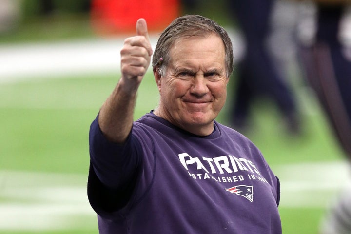 Belichick gives a thumbs up on the field prior to Super Bowl 51 when he was head coach for the New England Patriots in 2017.