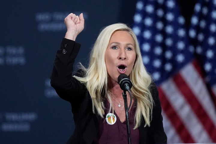 Rep. Marjorie Taylor Greene (R-Ga.) speaks before Republican presidential nominee former President Donald Trump at a campaign event at the Cobb Energy Performing Arts Centre, Oct. 15, 2024, in Atlanta.