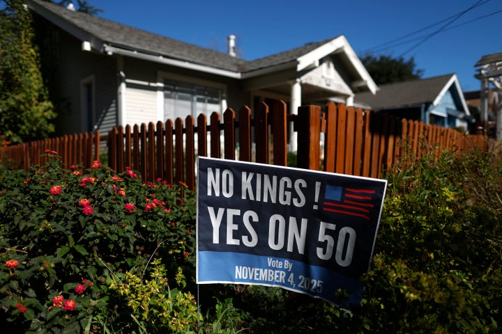 SAN ANSELMO, CALIFORNIA - NOVEMBER 03: A Yes on 50 sign is posted in front of a home on November 03, 2025 in San Anselmo, California. (Photo by Justin Sullivan/Getty Images)