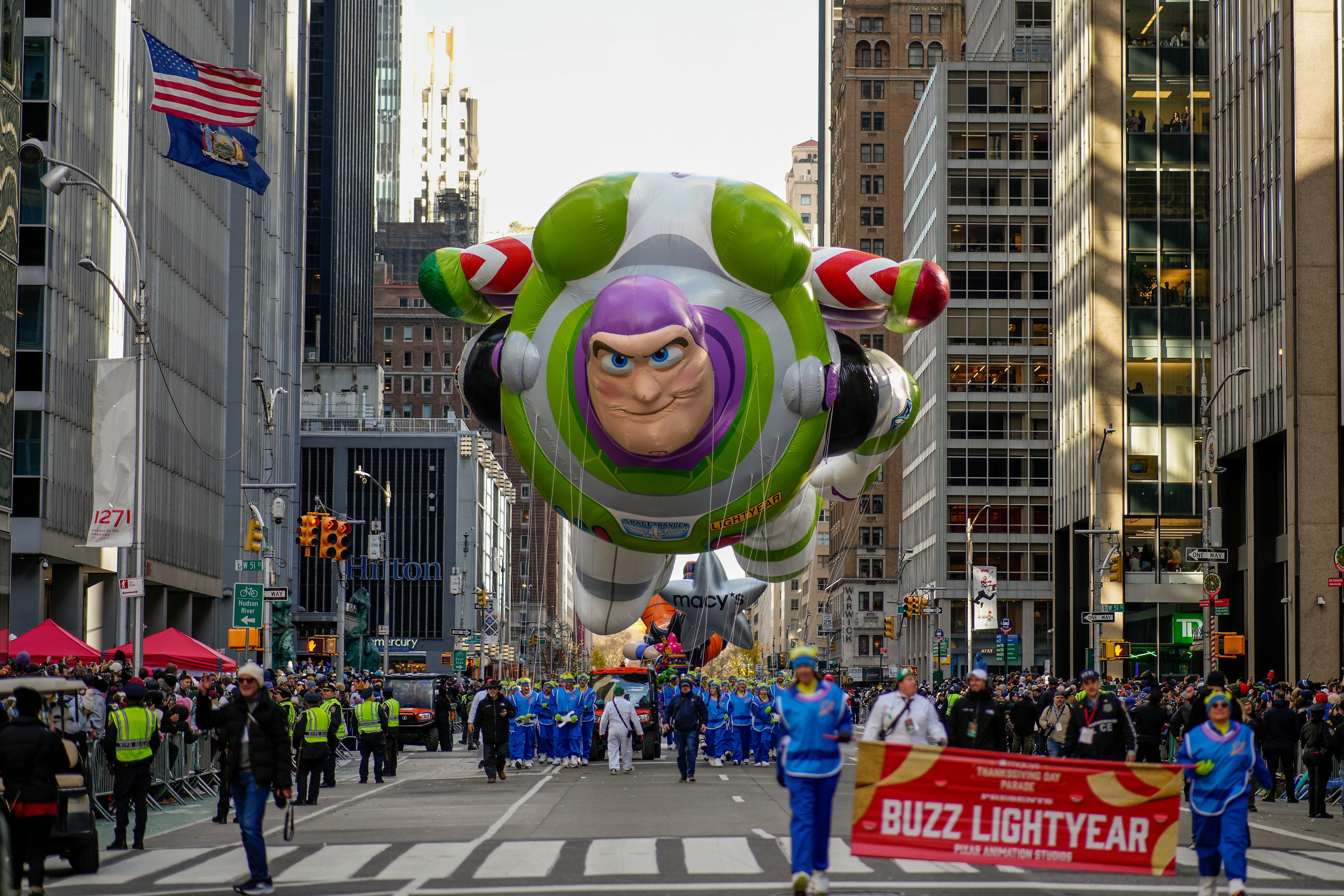 The Buzz Lightyear balloon floats down Sixth Avenue during the Macy's Thanksgiving Day Parade, Thursday, Nov. 27, 2025, in New York. (AP Photo/Eduardo Munoz Alvarez)