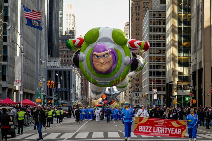 The Buzz Lightyear balloon floats down Sixth Avenue during the Macy's Thanksgiving Day Parade, Thursday, Nov. 27, 2025, in New York. (AP Photo/Eduardo Munoz Alvarez)