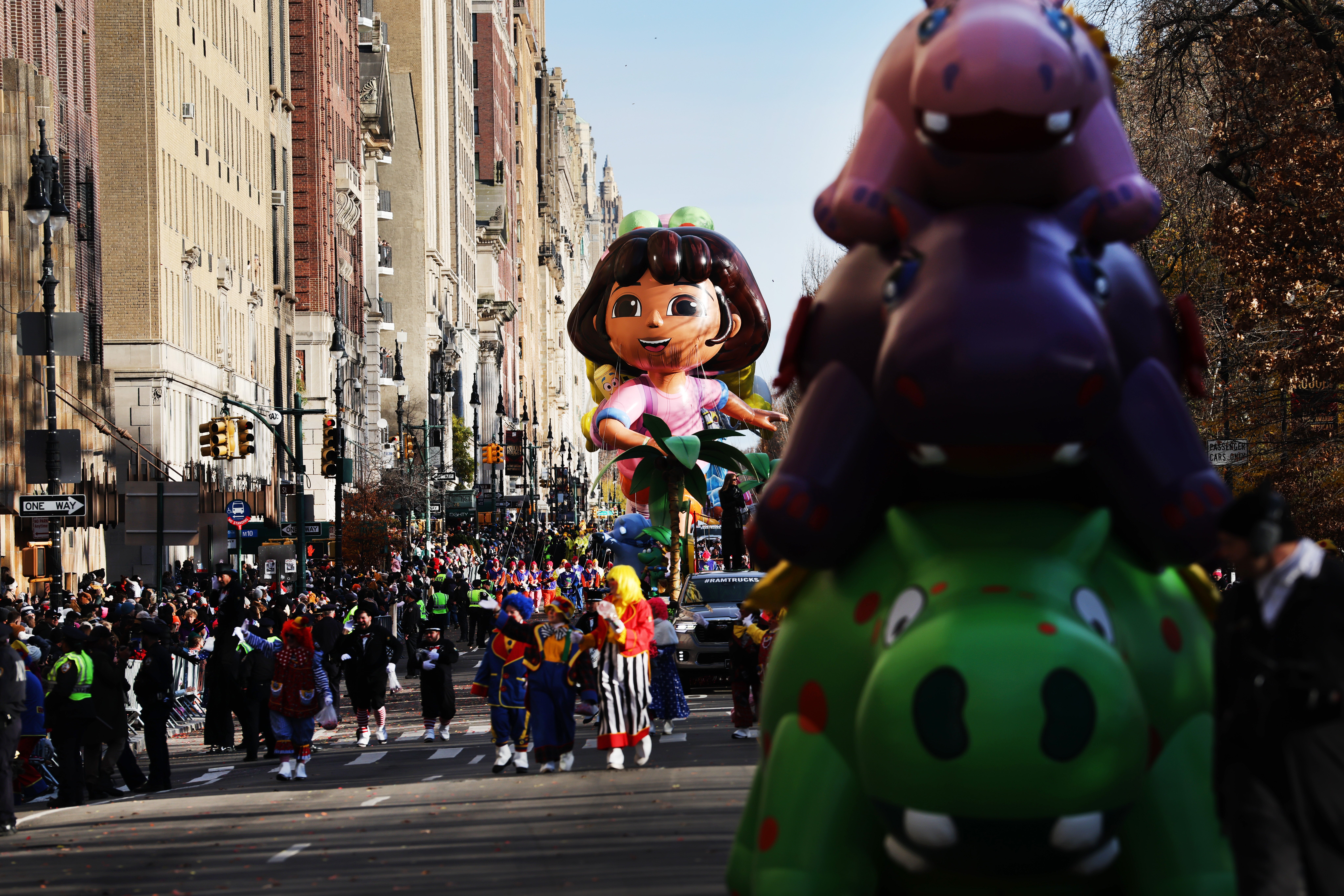 The Dora the Explorer balloon joins the 99th Macy’s Thanksgiving Day Parade as it makes its way through Manhattan towards Macy's flagship store on November 27, 2025, in New York City. (Photo by Spencer Platt/Getty Images)
