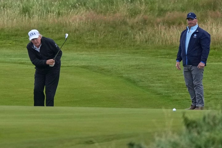 President Donald Trump plays golf at the Trump Turnberry golf course in Turnberry, Scotland, Sunday, July 27, 2025.(AP Photo/Alastair Grant)